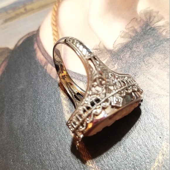 VTG FLIP RING Cameo/Onyx Sterling Silver Filigree - Picture 11 of 12